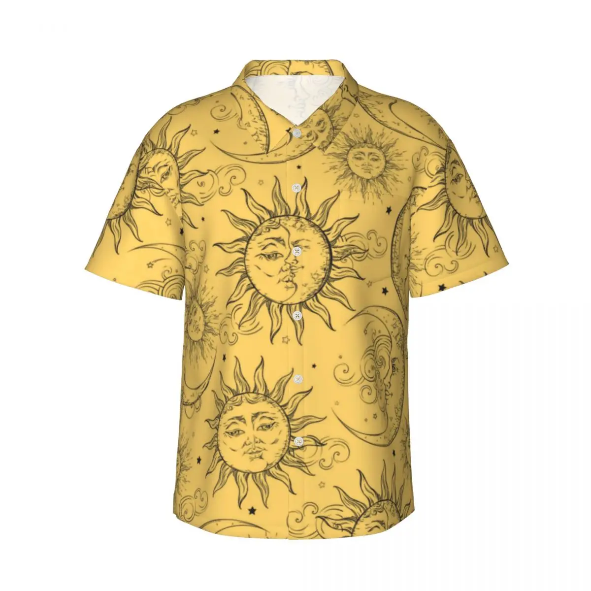 Vintage Celestial Sun Hawaiian Shirt Men Vacation Yellow Magic Moon Star Casual Shirts Short Sleeve Streetwear Oversized Blouses