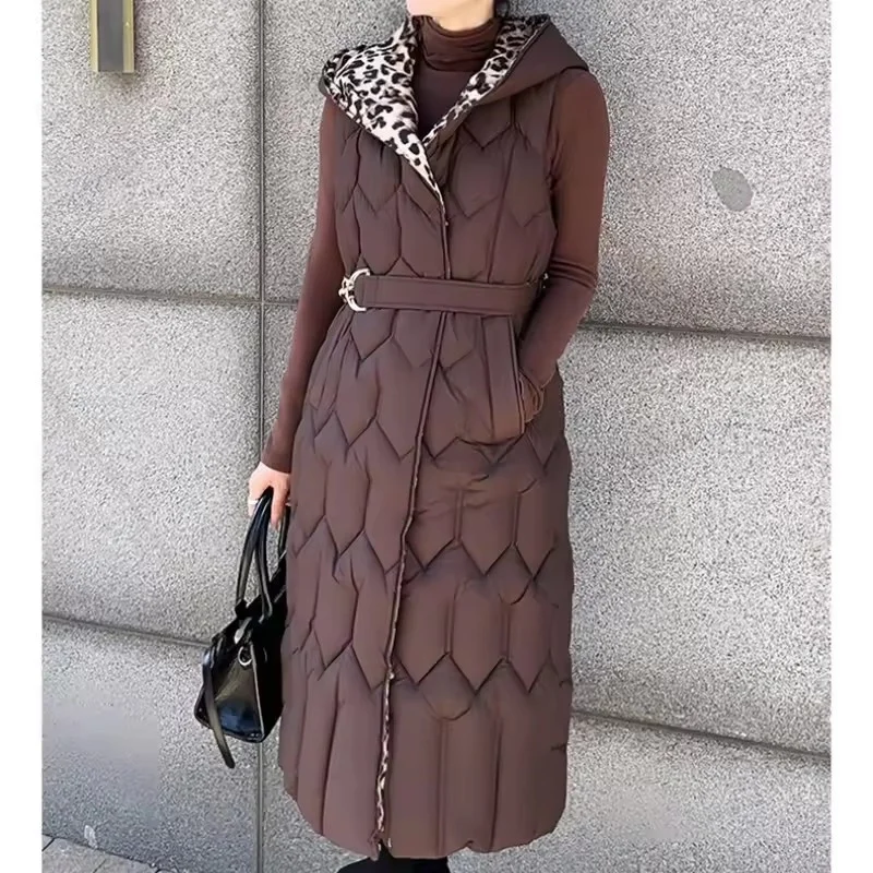 جديد الخريف الشتاء طويل أسفل القطن سترة المرأة ملابس خارجية الكورية فضفاض ليوبارد طباعة سترة دون أكمام سترة معطف صدرية الإناث #5