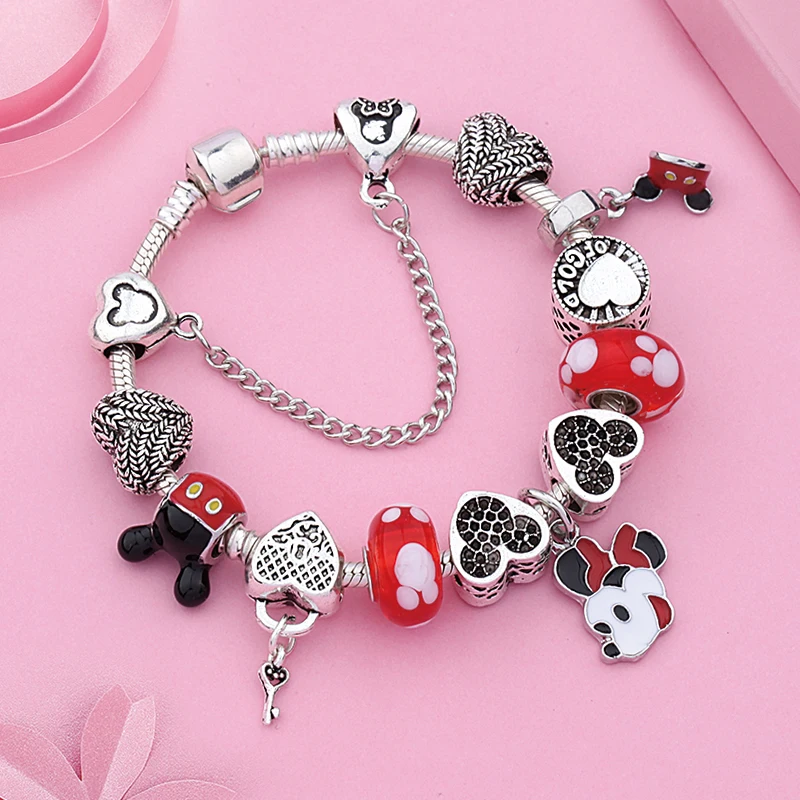 Mix Style Cartoon Disney Mickey Minnie Charm Bracelet Red Crystal Beaded Jewelry Antique Silver Color Heart DIY Bracelet