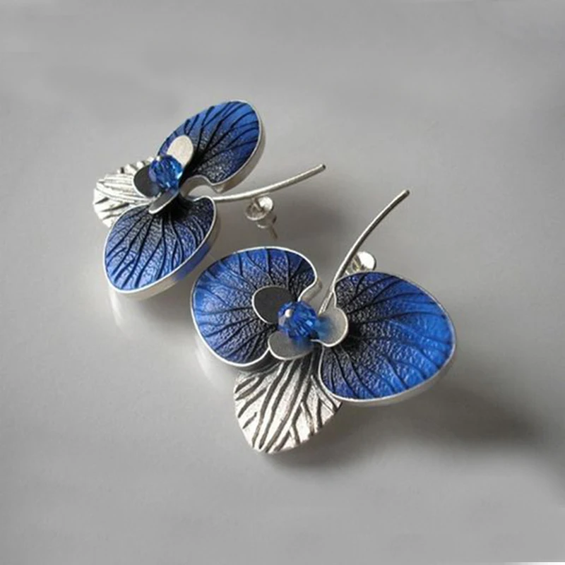Fashion Dripping Oil Leaf Flower Stud Earrings for Women Statement Wedding Jewelry Vintage Blue Acrylic Beads Women Earrings