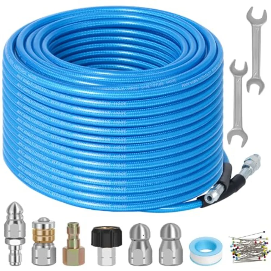 

100 Feet Sewer Jetter Kit for Pressure Washer 5800PSI Water Jet Drain Cleaner Hose 1/4 Inch NPT Corner with 4 Sewer Jetting Noz