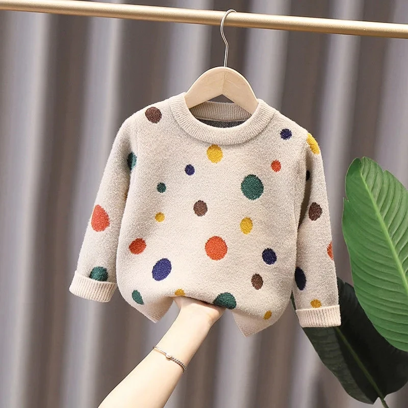 

Fashion Crewneck Boys' Sweater Children's Knitted Pullover Autumn Winter Thickened Baby Long Sleeve Top Round Dot Casual Sweater