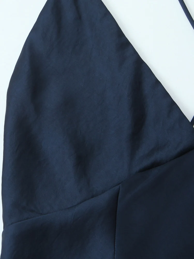 Summer V-neck Sleeveless Backless Silk Satin Texture Long Dresses Women Pleated Party Dress Female Sexy Beach Holidays Wear