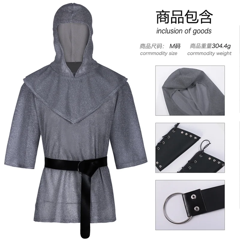 Retro Medieval Renaissance Armor Hauberk Cosplay Costume Gray Black Shirt Robe Headwear Belt Halloween Carnival Party Suit