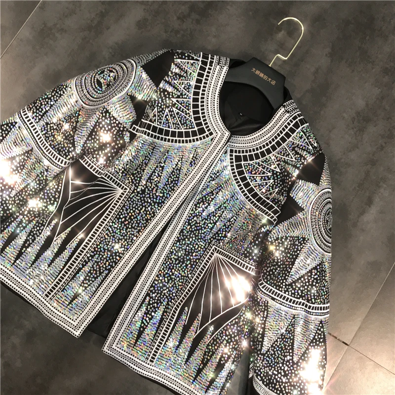 Luxury Spring Autumn Colorful Sequins Stars Abstract Floral Embroidery Jacket Short Geometric Pattern Beading Coat Cardigan Tops