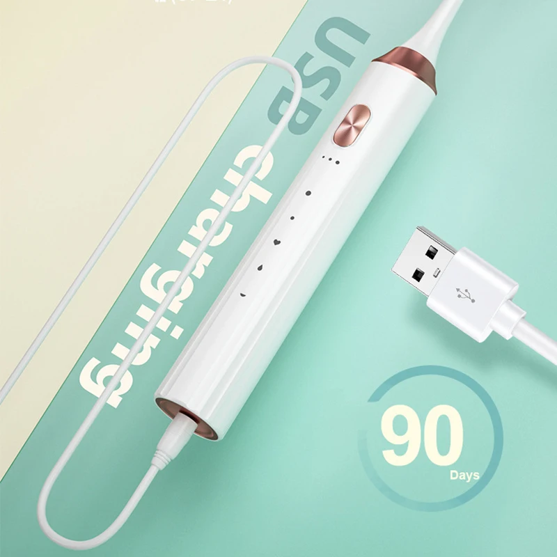 USB 충전식 음파 전동 칫솔 성인용, 5 가지 모드 여행 칫솔, 브러시 헤드 3 개 증정