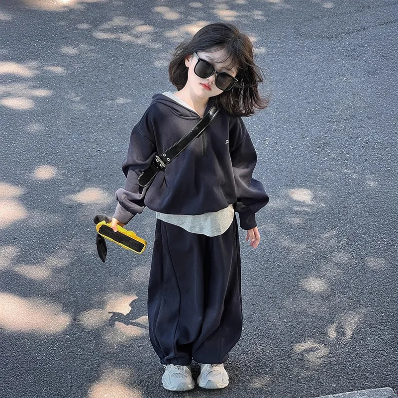 2026 autumn winter girls Child set Teens sweatshirt splicing hooded crop top loose + wide leg pants tracksuit 4 12 10 15 year