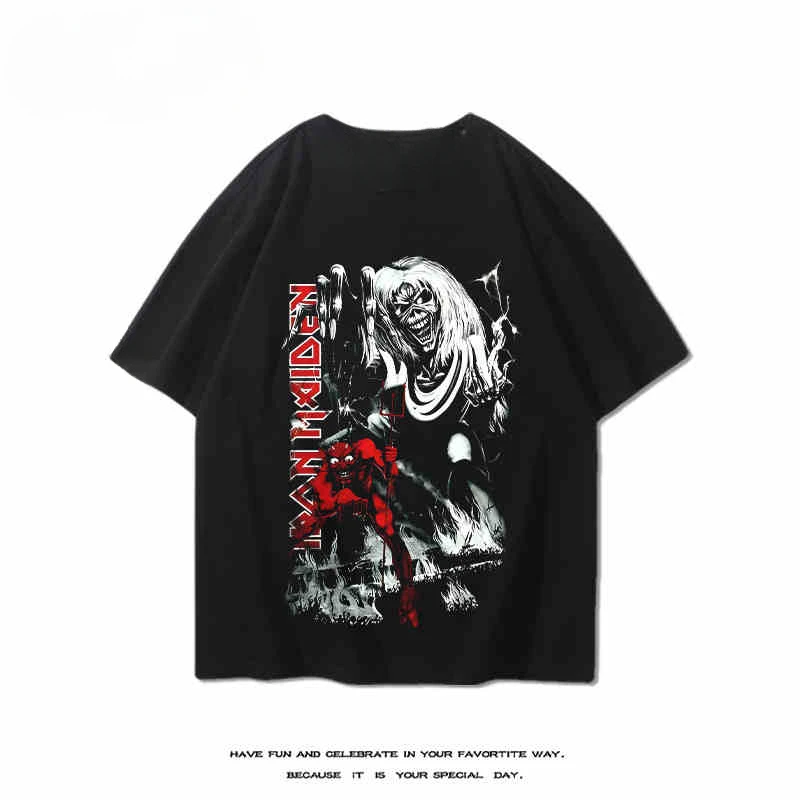 2024 Fashion Iron Maiden Band Peripheral T-shirt Men Summer High Street American Dark Metal Rock Half Sleeve