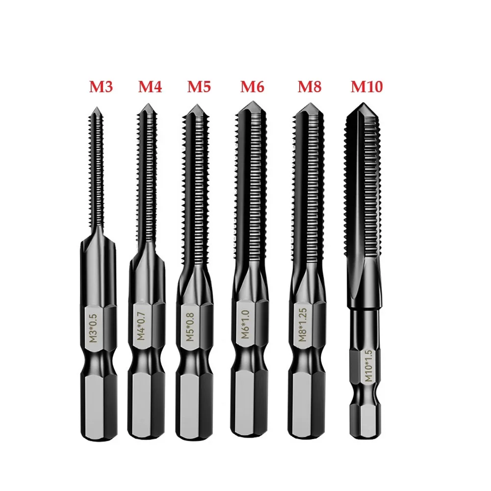 

6PCS Tap Drill Bit Hex Shank Screw Taps HSS Threaded Bit Screw Machine Compound Tap M3-M10 Straight Fluted Screw Thread Tap