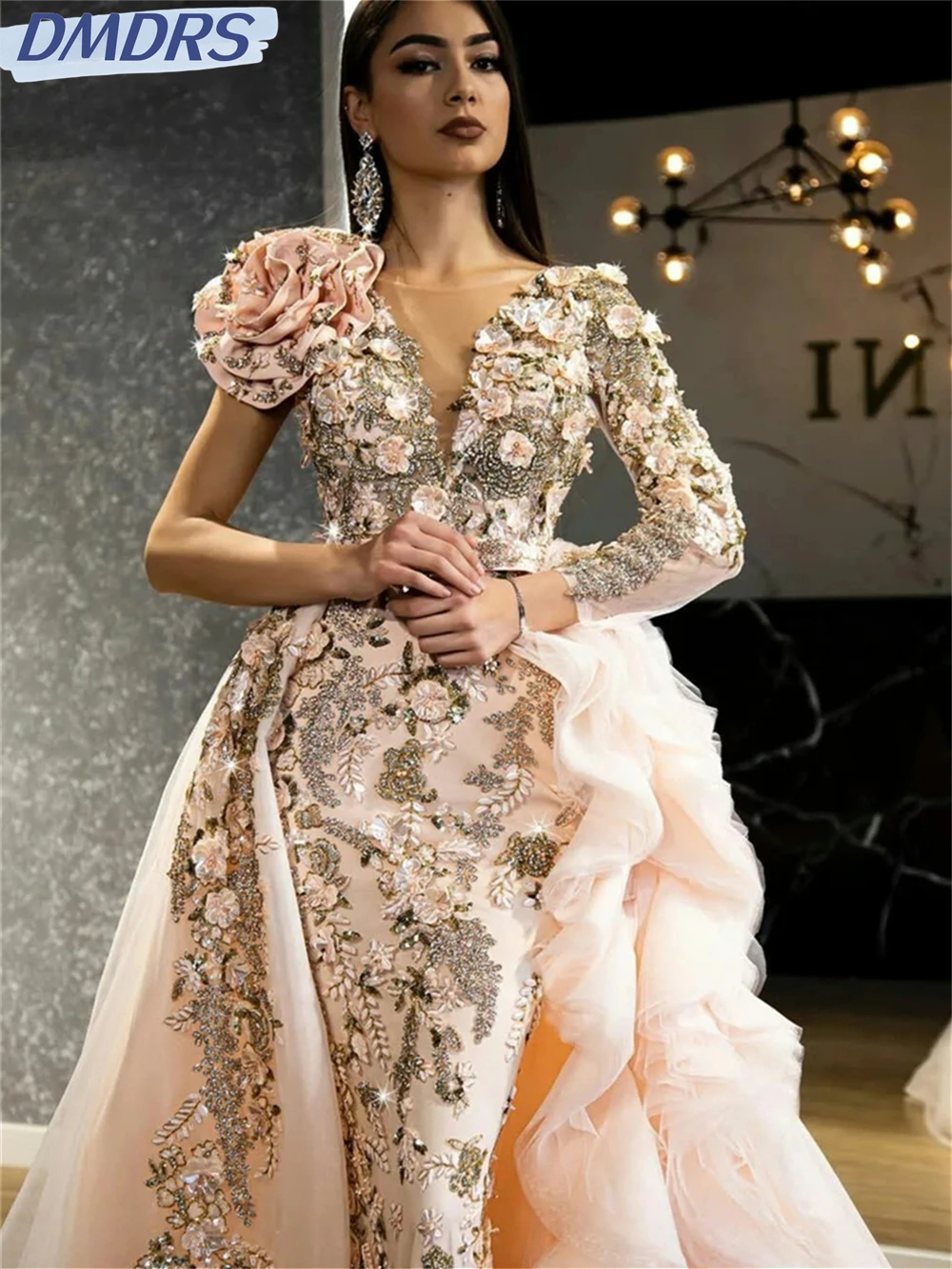 slim fit dress slacks Nude Sequin Floral Appliques A-line Long Formal Gown – FancyVestido