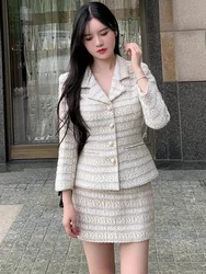 Elegant Commuter Suit 2-Piece Set Autumn Winter New High Quality Tweed Slim-Fit Blazer Coat Wrap Hip Skirt Vintage Suits Women