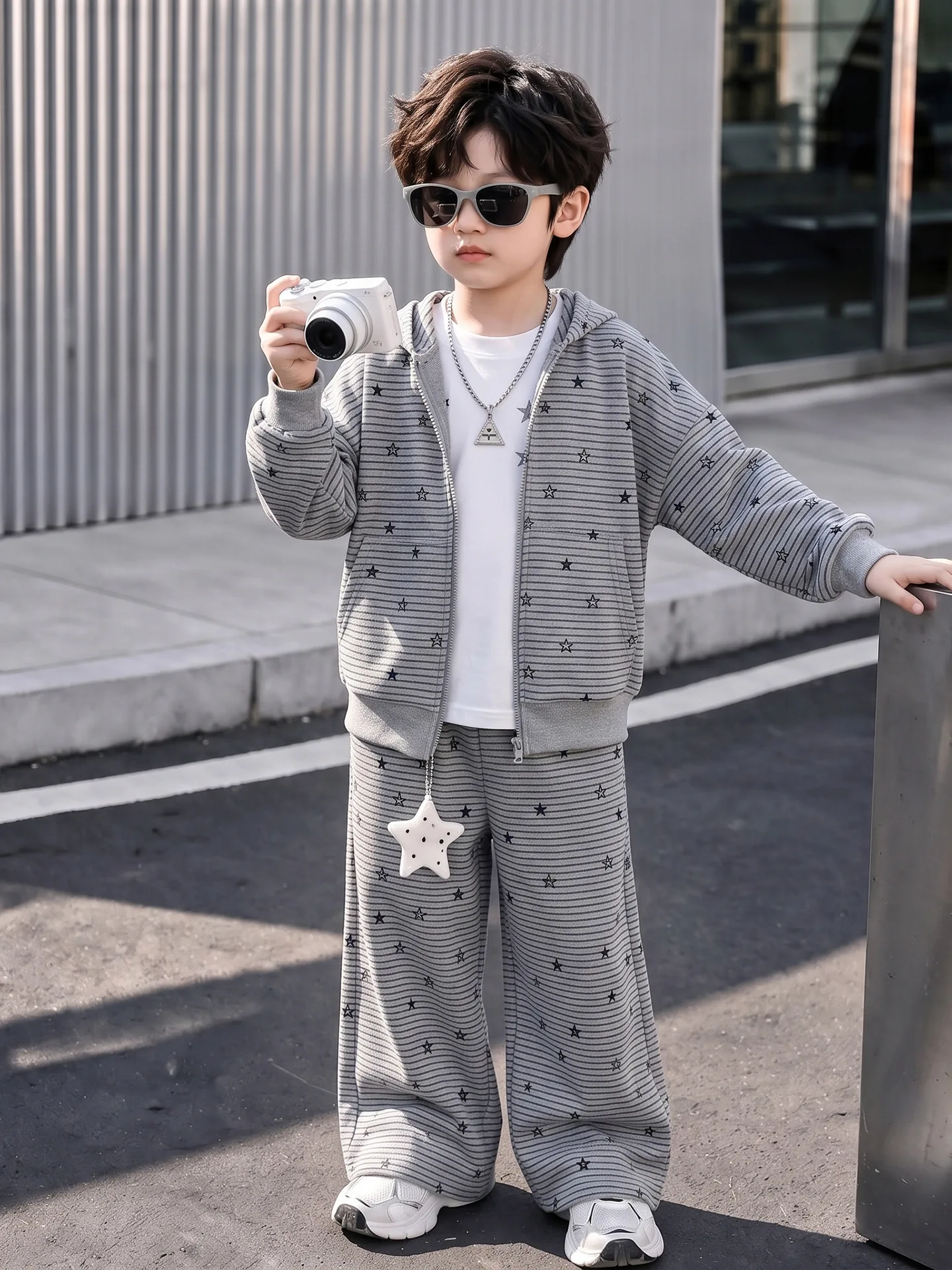 Boy Clothes Suit Children Outfit Boys Striped Star Pattern Hooded Coat+Pants 2Pcs/Set Teen Casual Sports Suit Kids Tracksuit