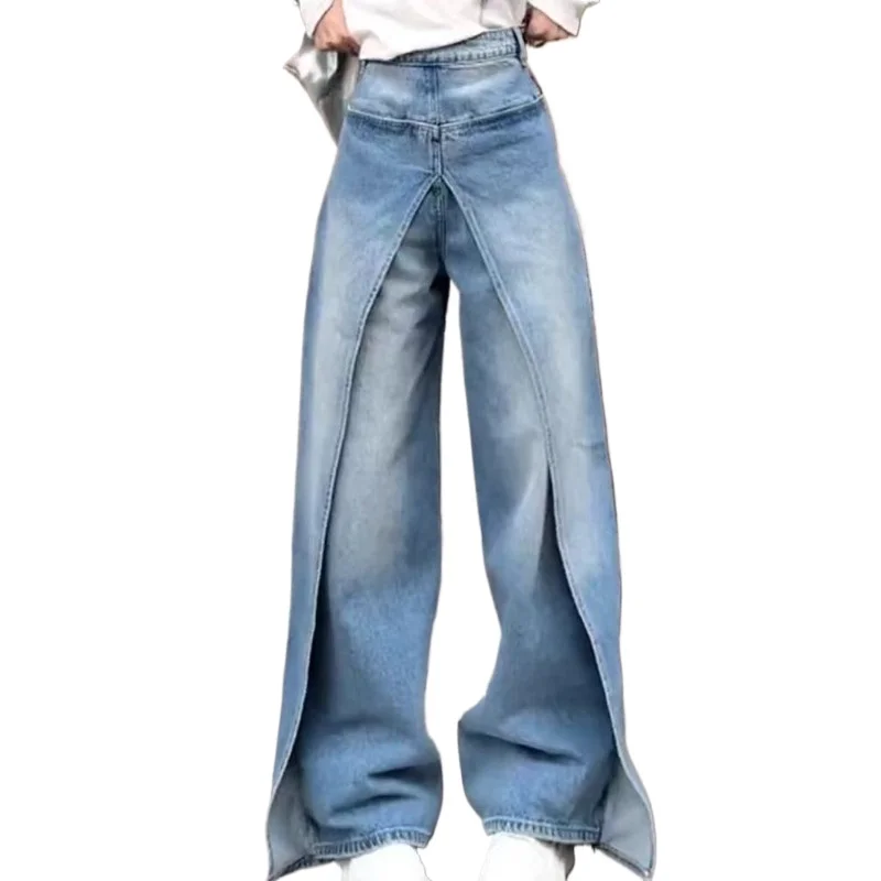 American Retro Straight Jeans Women's High Waist Loose and Thin Front and Back Wear Personalized Wide-leg Floor Pants Trousers