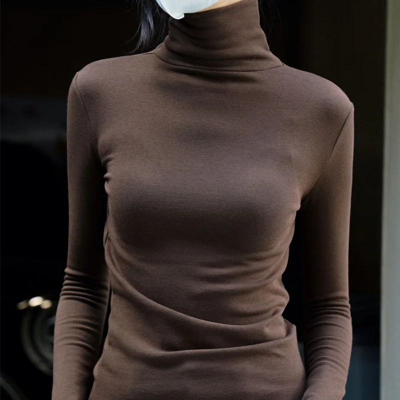 Autumn and winter women\'s casual solid color turtleneck long-sleeved slim fit T-shirt