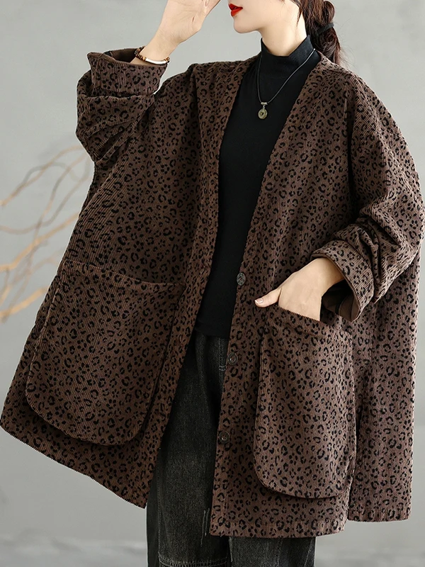 

2025 Autumn New Faion Casual Slimming Large Size Artistic Leopard Print Corduroy Long Sve Jaet Women's Sle V-ne Th...