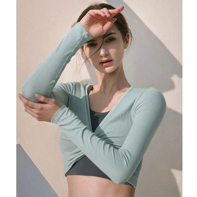 

Slim Fit Gym Crop Tops Women Yoga T-shirts Front Cross Sports Top Long Sleeve Pilates Dance Shirts Fitness Clothing Sportswears