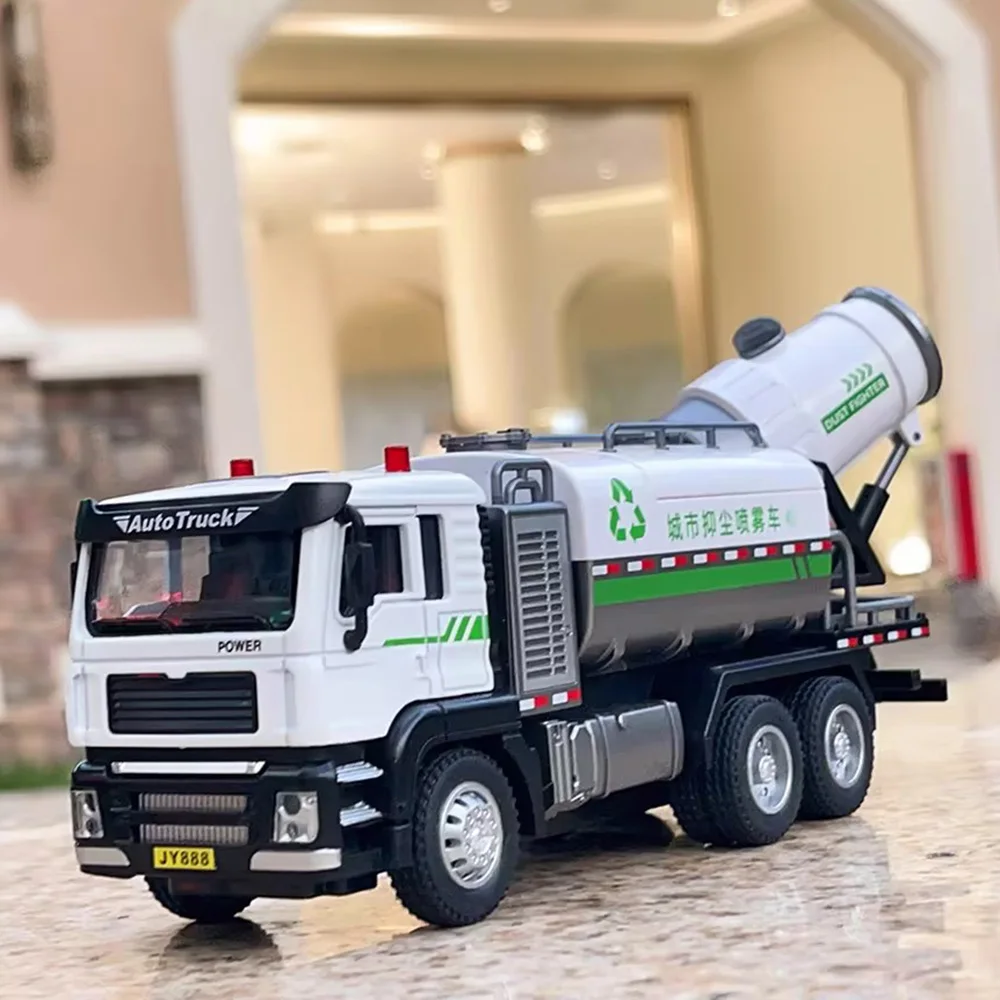 1/50 Dust Suppression Spray Truck Car Models Toys Rubber Tires Light Music Environmental Sanitation Engineering Vehicle for Kids