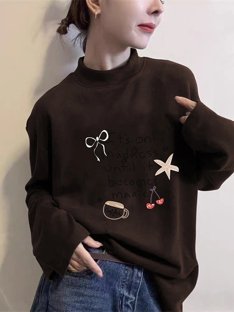 Thiened Long Sve Women's Faionable Versatile Deep ey Warm Inner Wear Base irt Trendy f High Collar T-irt