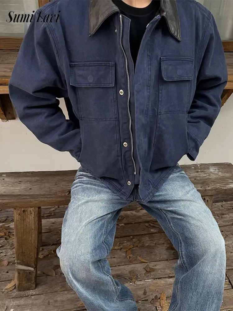 Daily Casual Patchwork Crop Coats Mens Fashionable Lapel Zip-up Outerwear Men 2026 Autumn Long Sleeve Washed Jackets