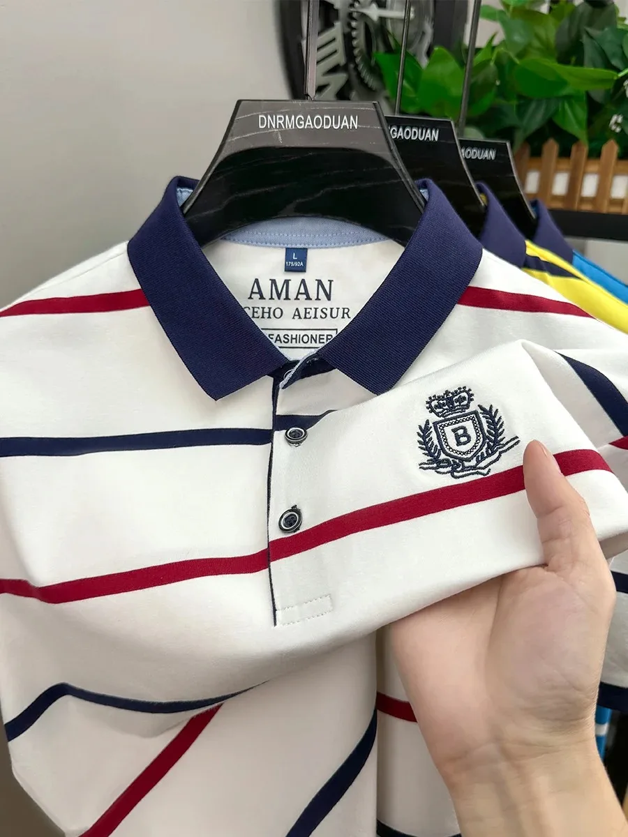 Light luxury brand short sleeve men's POLO shirt summer fashion personality striped badge top breathable ice silk casual T-shirt