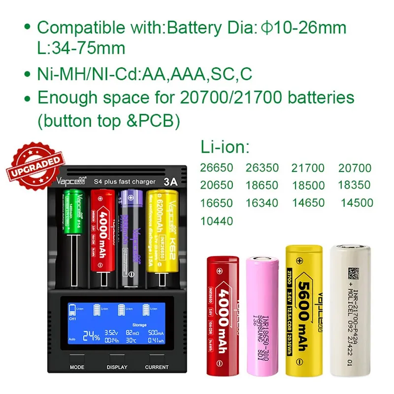 Original Vapcell S4 Plus V3.0 Upgrade Version Charger 4 Slot 12A Fast Battery Charger With NEW Storage Mode For AAA 18650 20700