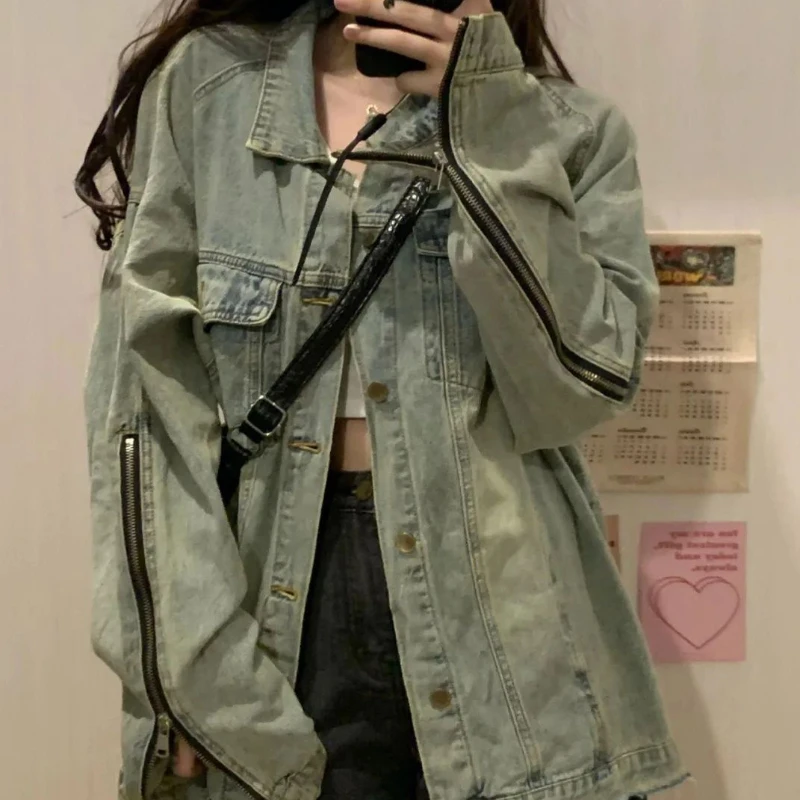 Deeptown Vintage Denim Damen jacke Overs ize Streetwear Grunge Y2k koreanische Mode Herbst Winter Jeans Jacken Freizeit mantel