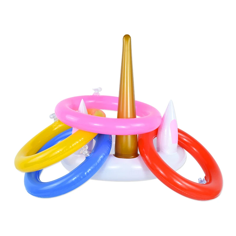 1 Juego de 4 anillos de lanzamiento, sombrero inflable de unicornio, juguete de lanzamiento de anillo, juego de piscina familiar de cumpleaños, regalo para niños, juguetes inflados, suministros para fiestas