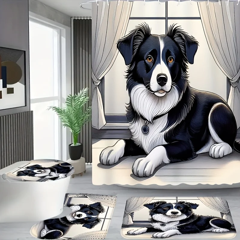

1pc or 4pcs Border Collie Shower Curtain Set with, Toilet Cover & U-Shaped Rug - Black & White Dog Pattern Bathroom,
