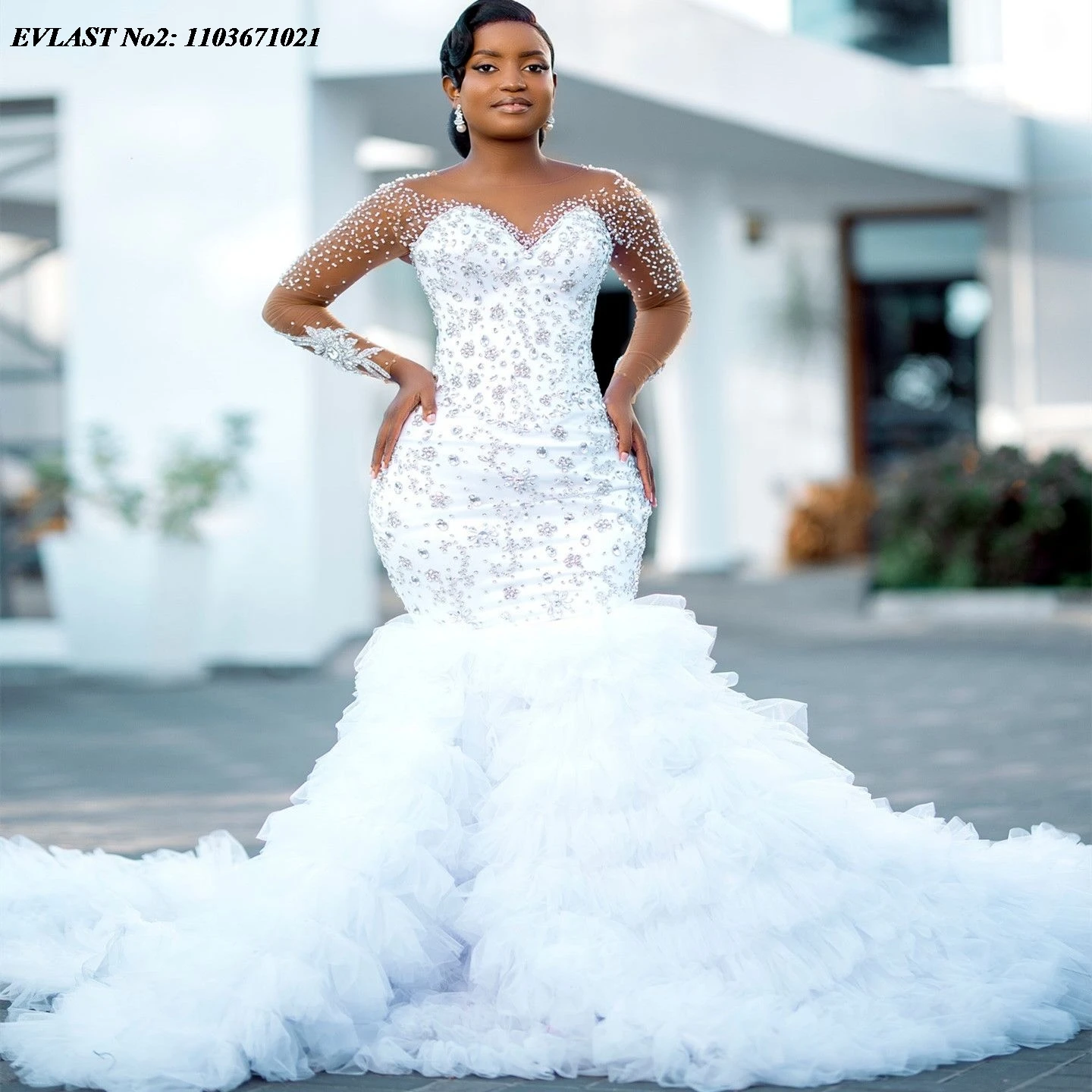 EVLAST Customized African Aso Ebi Mermaid Wedding Dress Pearls Crystal Beaded Tiered Women Bridal Gown Robe De Mariee MD43