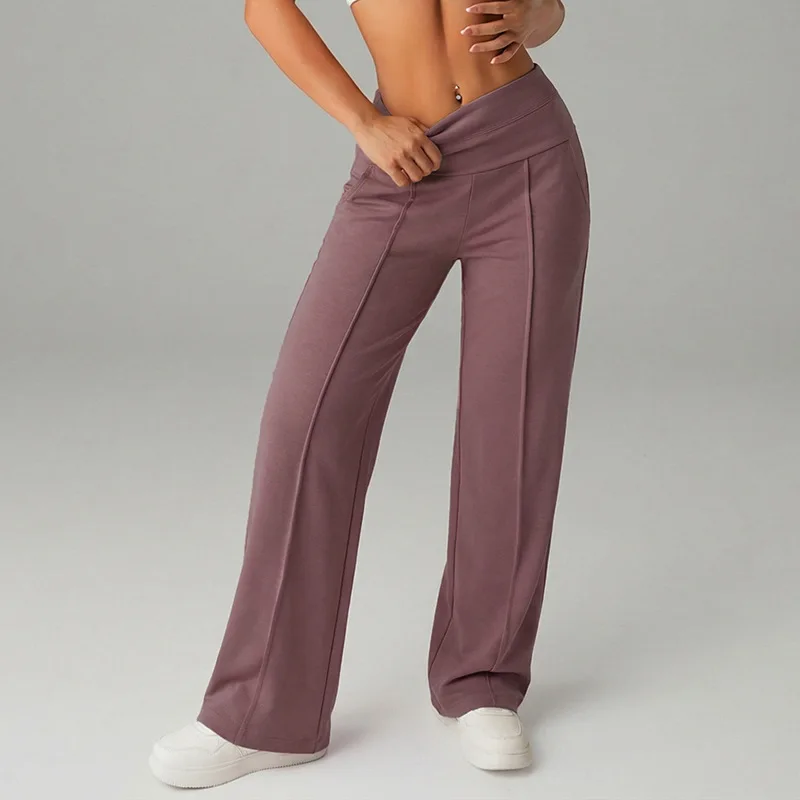 

Women Sports High Elastic Waist Comfortable Straight Pants With Waist Seam Pockets