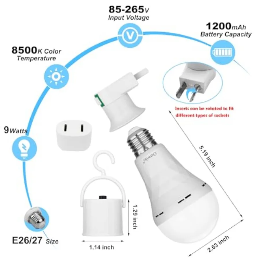 Rechargeable Light Bulbs, Emergency Light Bulbs for Power Outage Hurricane Camping Light Battery Operated Light Bulb 9W E26 120