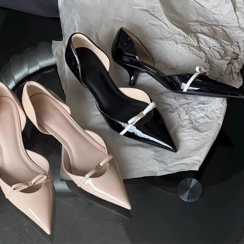 Metal Buckle Bow Slim Heel Single Shoes Fashion Pointed Toe Shallow Mouth Slip-on Hollow Women's Shoes