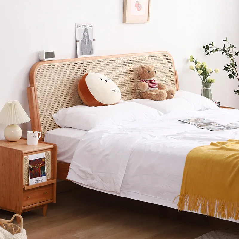 

Rattan solid wood bed Cherry wood furniture 1.8 Double bed Master bedroom 1.5 meters Log