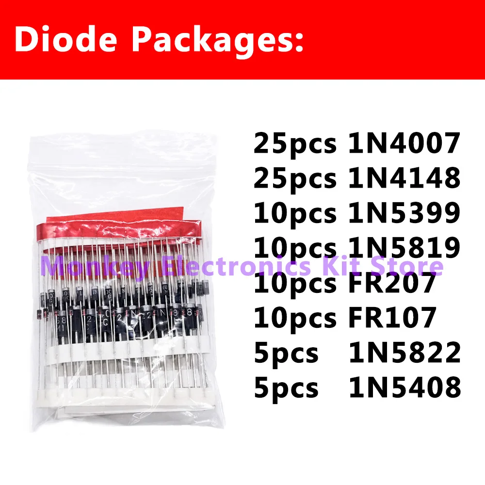 100PCS 8Values Diode Electronic Component Kit Fast Switching Schottky set 1N4148 1N4007 1N5819 1N5399 1N5408 1N5822 FR107 FR207