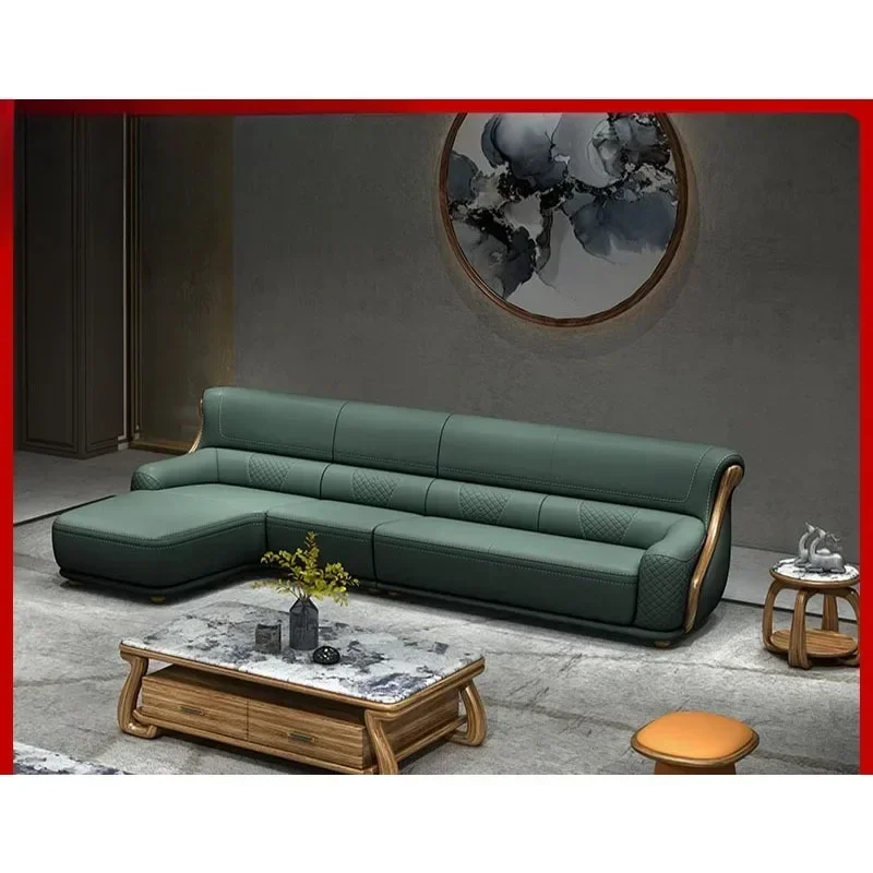 New Chinese ebony leather sofa solid wood sofa leather cowhide modern simple villa set living room furniture