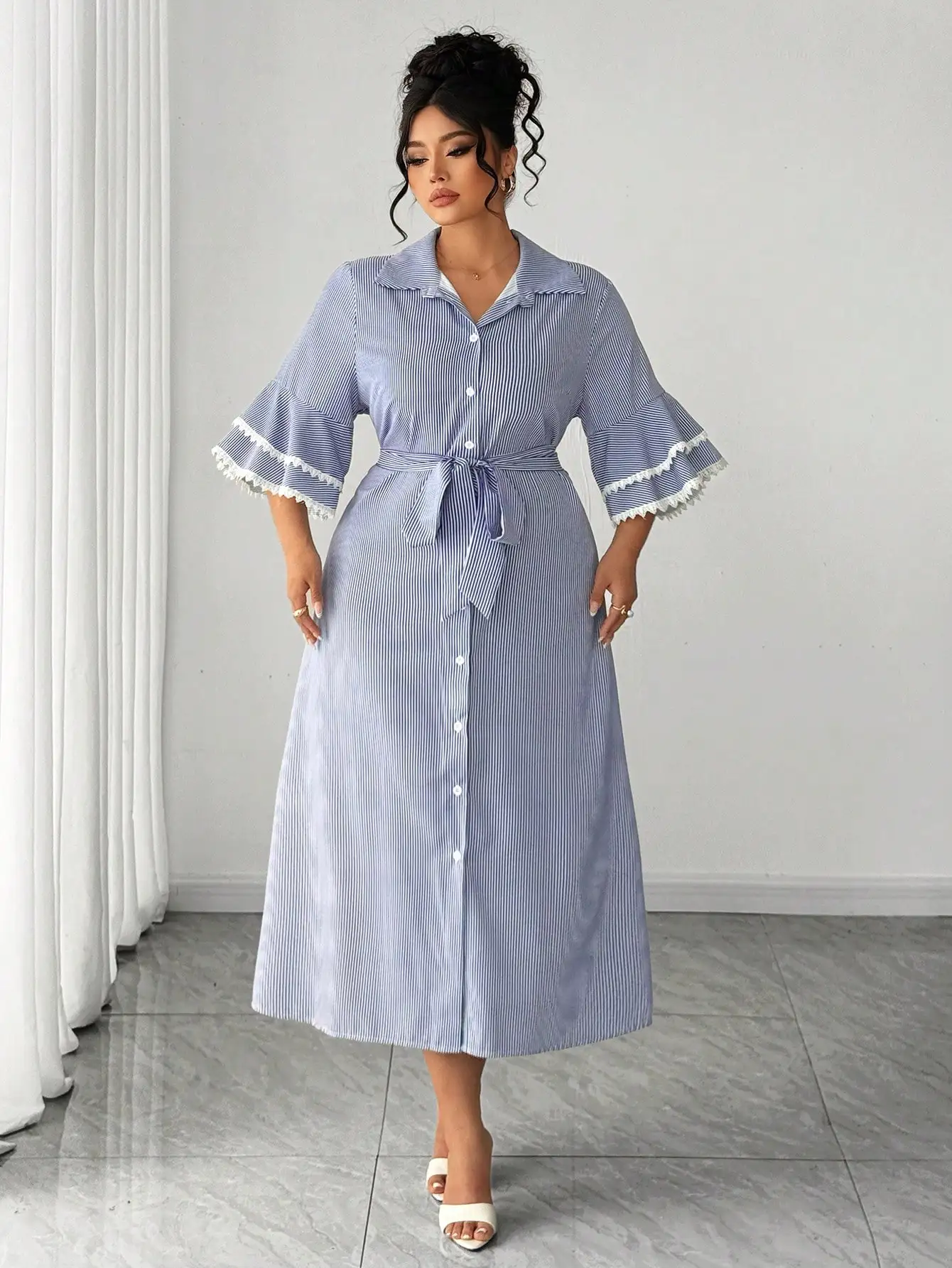 

Womens Striped Loose Maxi Dress With Belt, Beach Cover Up For Summer