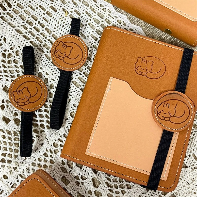 Premium Brown Cat Pattern A7 Leather Journal DIY Study Planner Notebook for Students Daily Scheduling & Personal Diary Writing