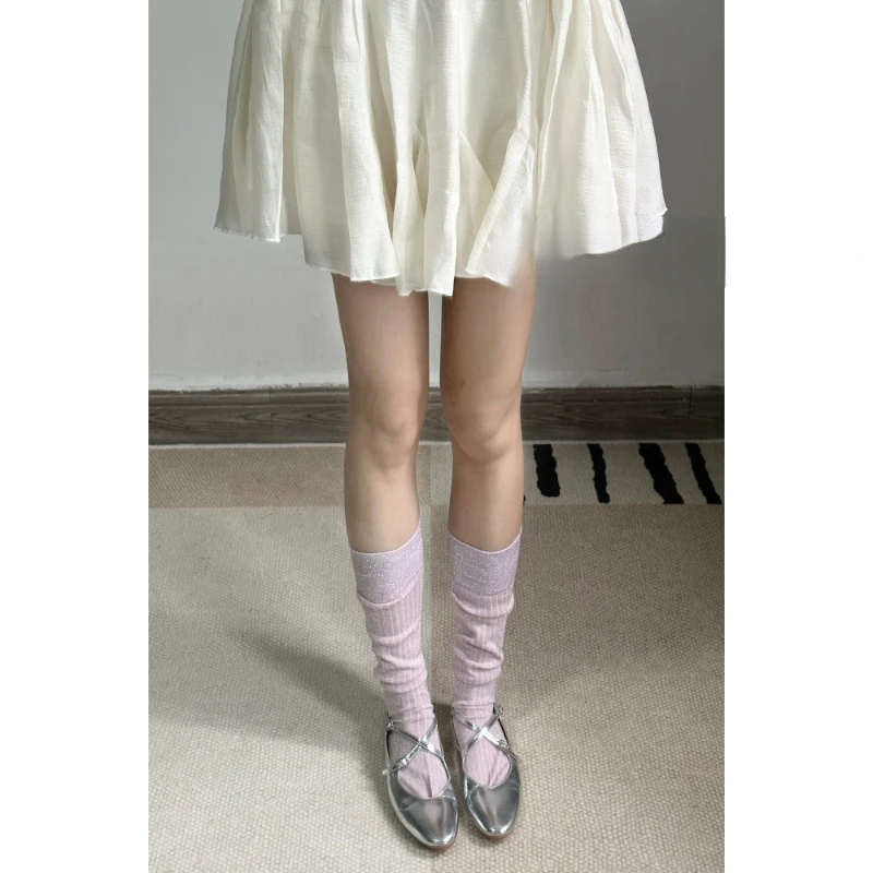 

Women's Socks Thin Knited Bright Silk Mid-Calf Socks Versatile Candy Color Shiny New Show Calf Bunching Socks Stocks Splicing