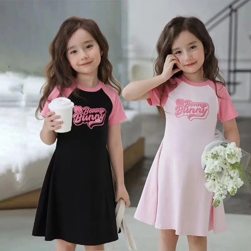Girls' Colorblock A-Line Summer Dress – Short Sleeve Dress with Letter Print for 4–10 Year Olds, Lightweight Cotton Blend