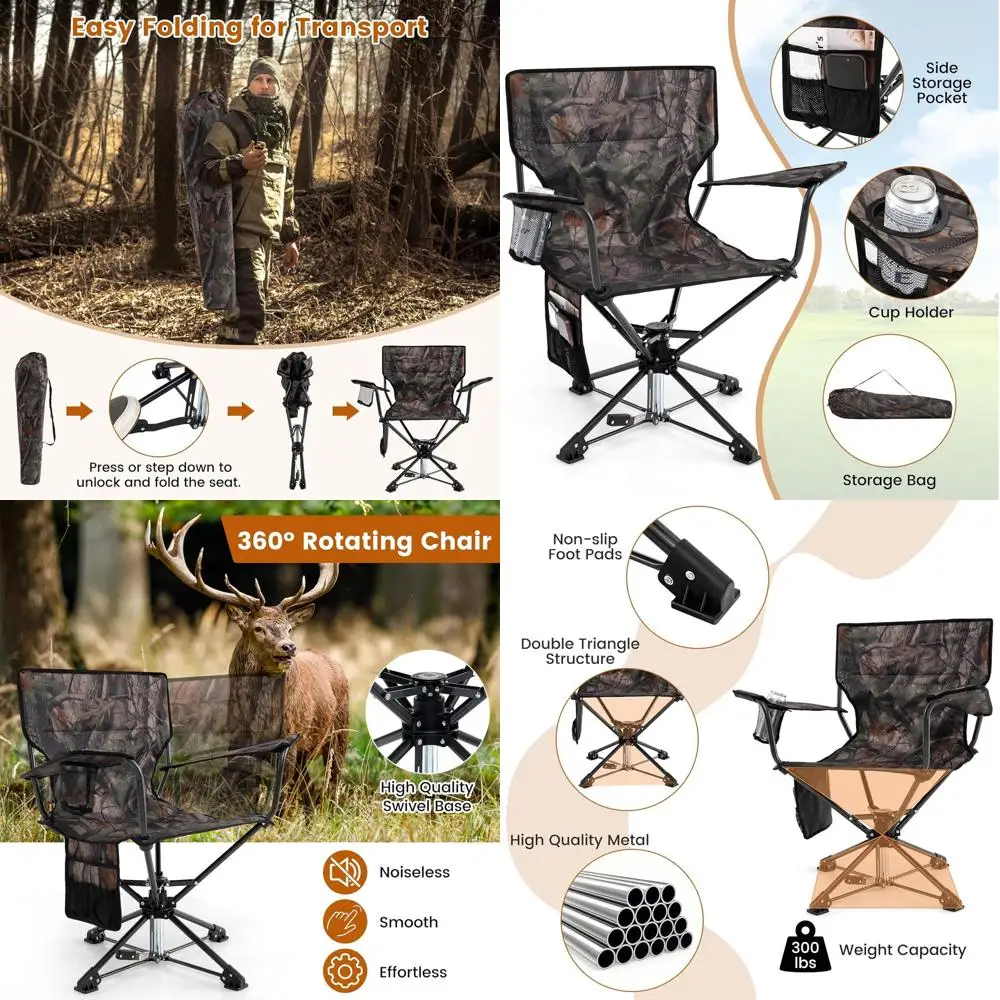 

Camouflage 360° Swivel Hunting Chair with Cup Holder, Storage Pocket, Portable Folding Design for Blinds and Camping, Includes C