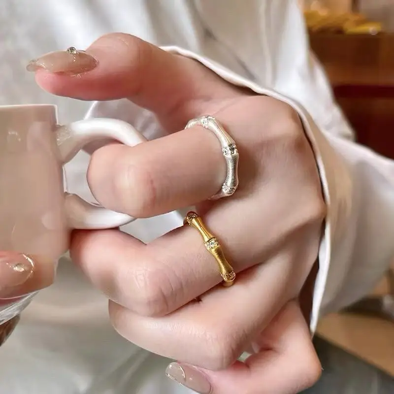 Classic retro inlay diamonds brushed bamboo knot ring opening high-end fashion rings for women banquet jewelry accessories gift