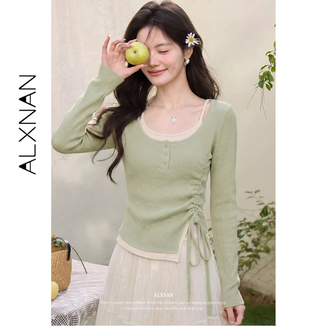 ALXNAN Women Green Long Sleeve T-shirt Fake Two Piece U-neck Side Drawstring Ruched Irregular Hem Slim Casual Tee Tops L61892A