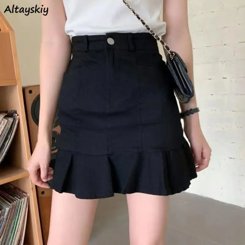 

Mini Skirts Women Ruffles Slim Preppy Style A-line Fashion All-match High Waist Simple Casual College Girls Solid Ulzzang Summer