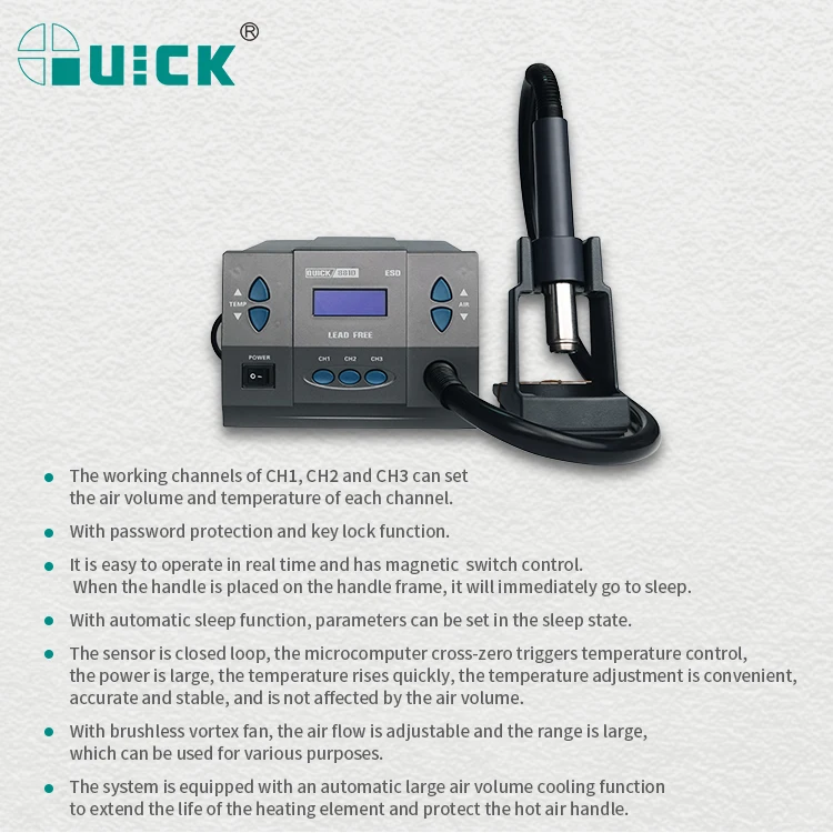 

Original 1300W 220/110V QUICK 881D Heat Gun Lead Free Hot Air Soldering Station Microcomputer Temperature Rework Station