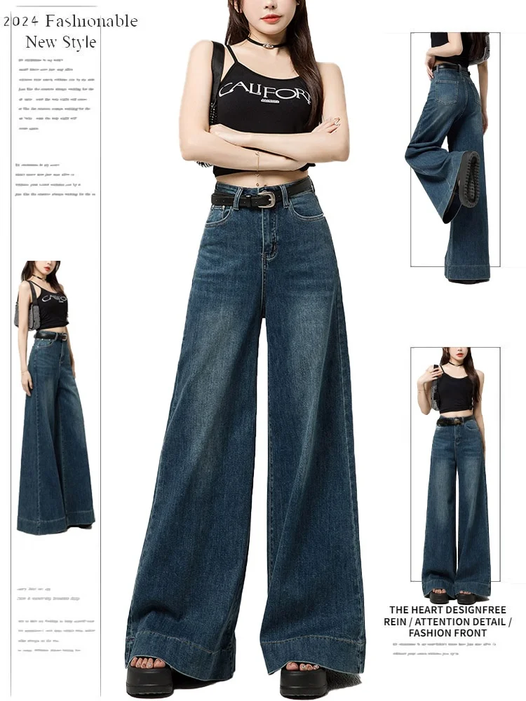 

Широкие джинсы с высокой талией в стиле ретро, женские летние новые дизайнерские свободные брюки прямого кроя длиной до пола