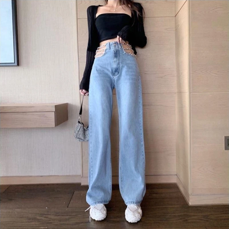 

Chic Hollow Design with Chains 2026 New Season High Waist Wide Leg Straight Sexy Jeans Pants for Women Fashion