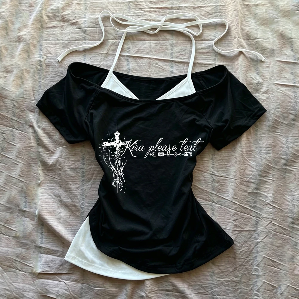 American style fake two retro style hot spicy girls' short sleeved T-shirt women's summer fashion printed top