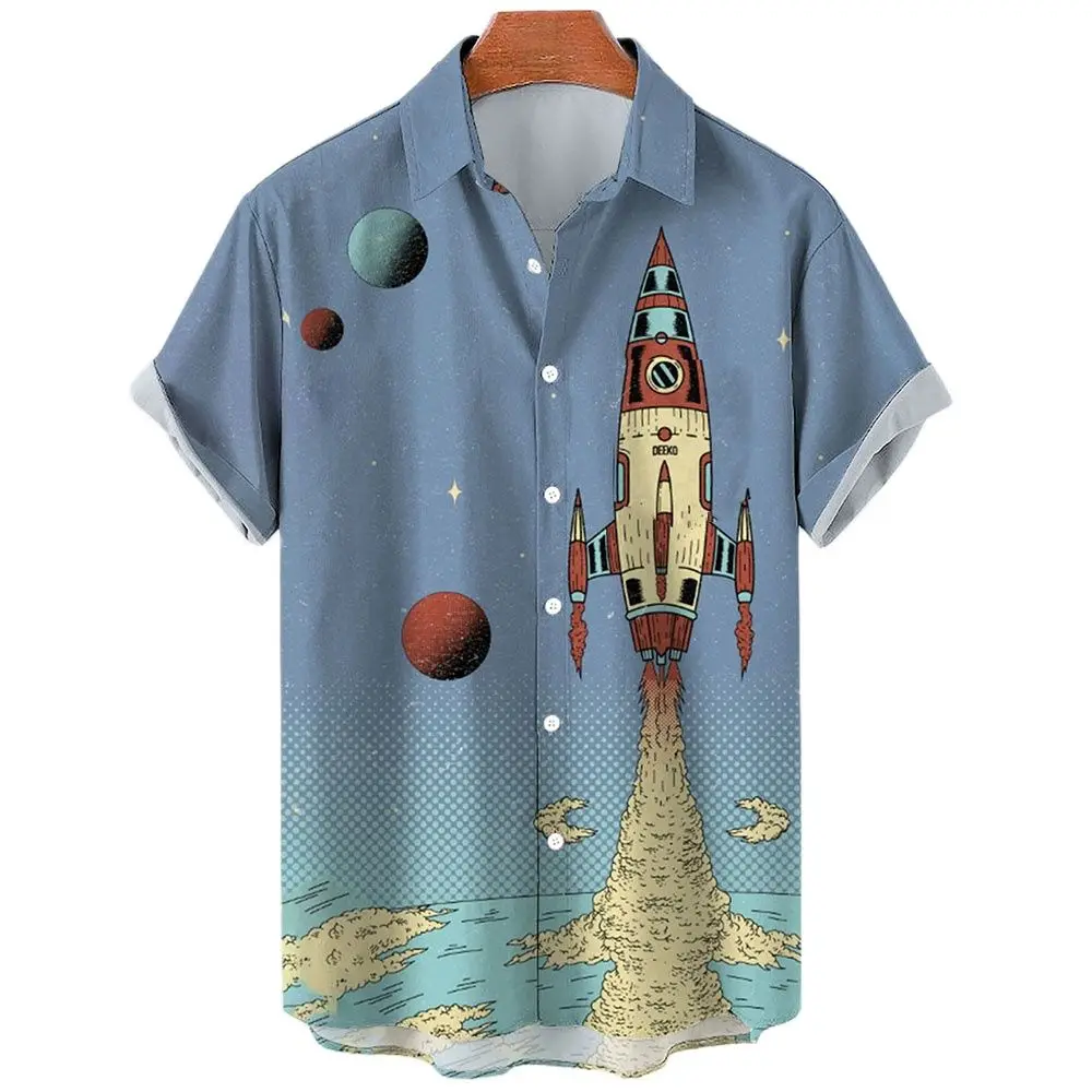 Men\'s Rocket Print Hawaiian Shirt 3d Print Harajuku Cartoon High Quality Summer Men\'s Casual