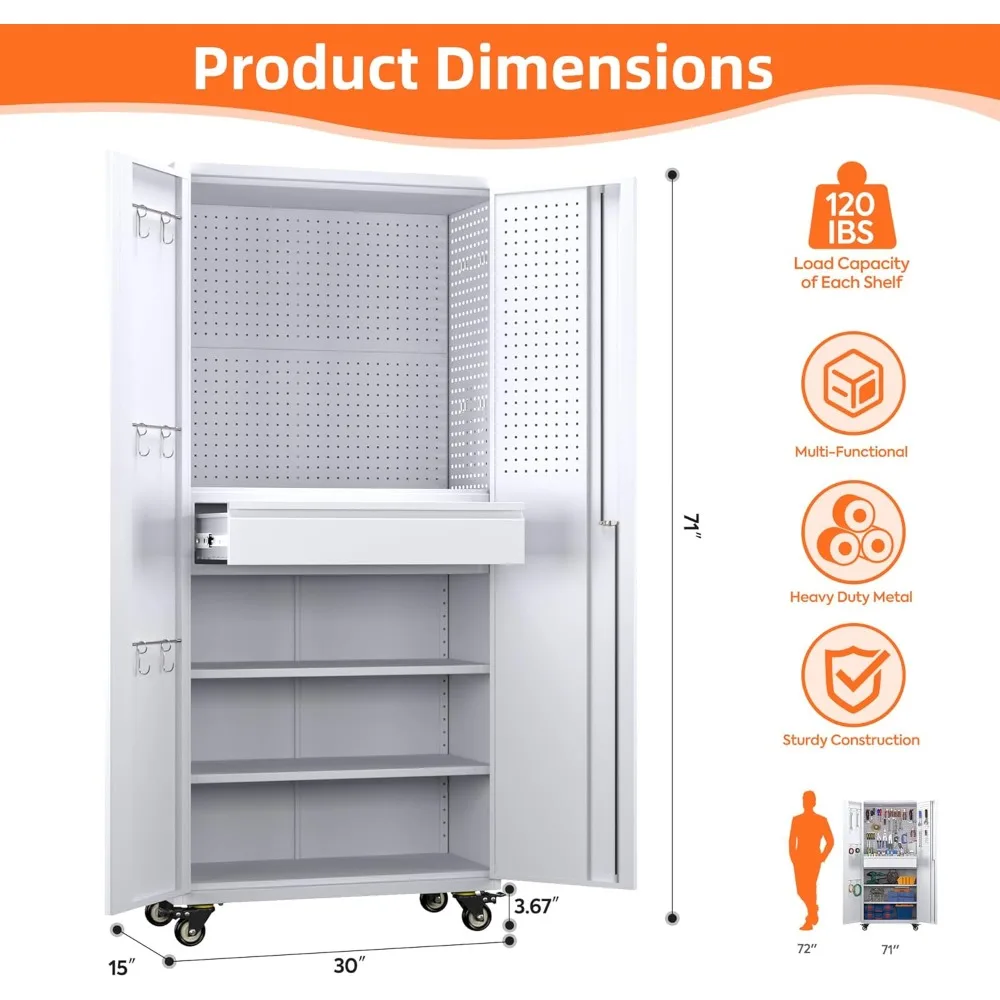 서랍, 후크, 조절 가능한 선반이 있는 롤링 스틸 메탈 수납 캐비닛, 공구 정리용