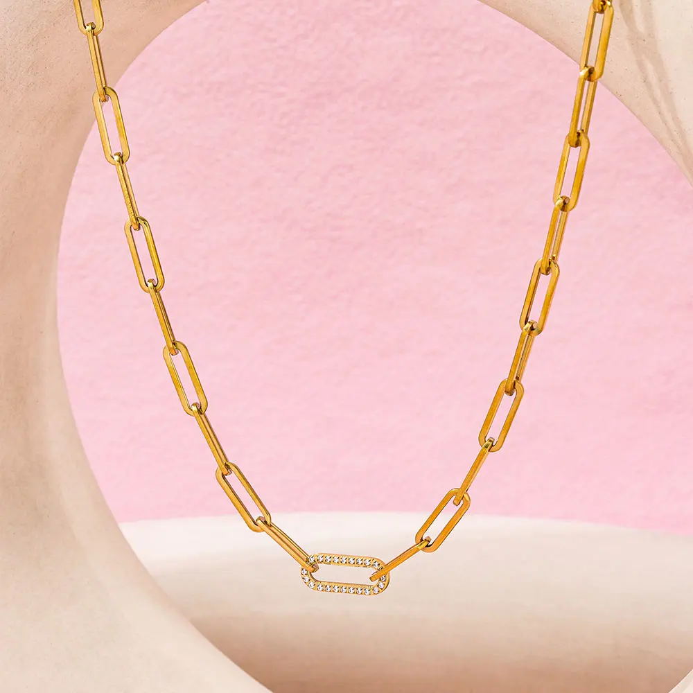 Joolim Jewelry Wholesale Waterproof&No Fade Fashion Chunky Paper Link Chain Zirconia Stainless Steel Necklace for Women